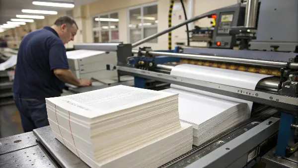 A modern web offset printing press in action, carefully printing on a large roll of Bible paper.