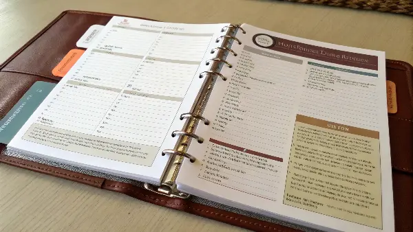 A spiral-bound study guide laid flat on a desk next to a pen, with space for notes.