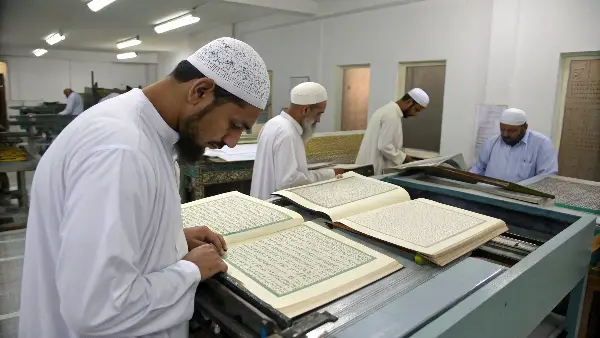 A team of scholars carefully proofreading a printed sheet of the Quran.