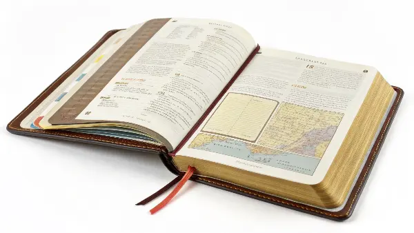 A close-up of a Bible's special features like gilded edges, ribbon markers, and thumb indexing.