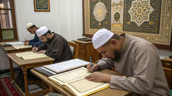 An antique, hand-written Quran manuscript with golden illumination on display.