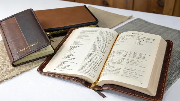 A swatch of different materials for book covers, including genuine leather, PU leather, and linen.