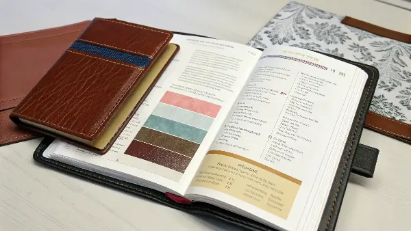 A stack of different paper types and cover material swatches like leather and linen.