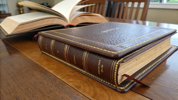 A close-up of a high-quality leather-bound Bible showing the grain of the leather.