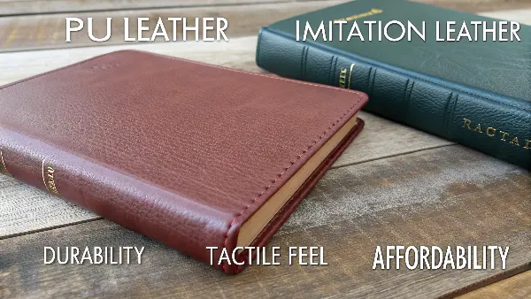 A close-up view of PU leather and other imitation leather samples for book covers