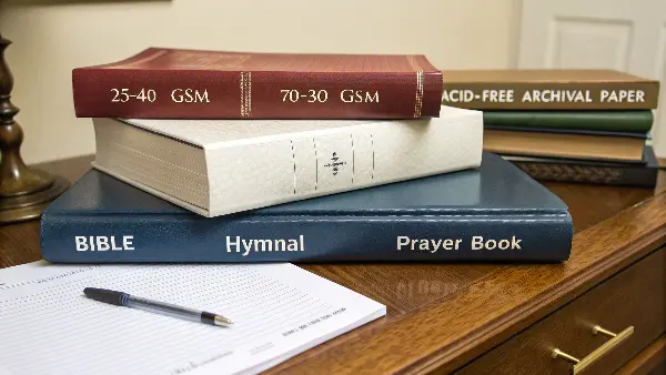 A close-up of different types of high-quality paper for Bibles and hymnals.