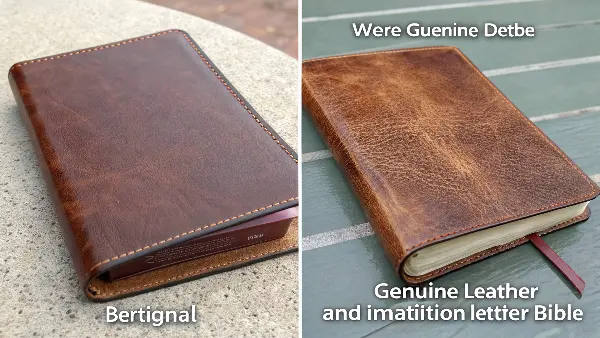 A side-by-side comparison of a genuine leather Bible and an imitation leather Bible