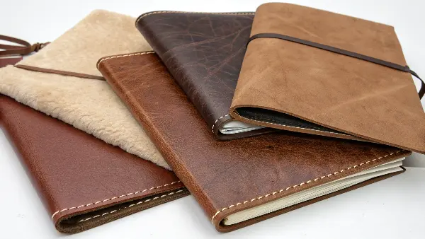 A stack of different colored leather hides used for bookbinding.