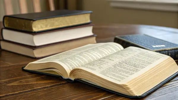 A person comfortably holding a thick Bible in one hand, demonstrating its portability.