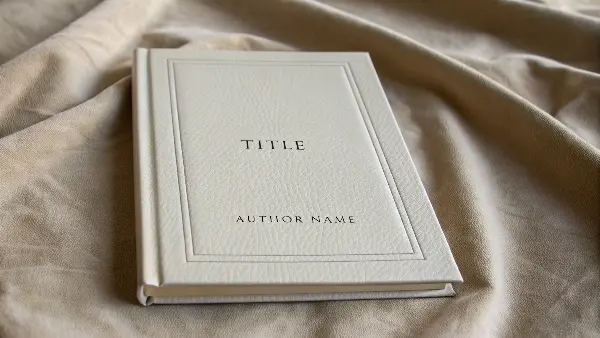 A close-up of a debossed title on a brown faux-leather journal cover.