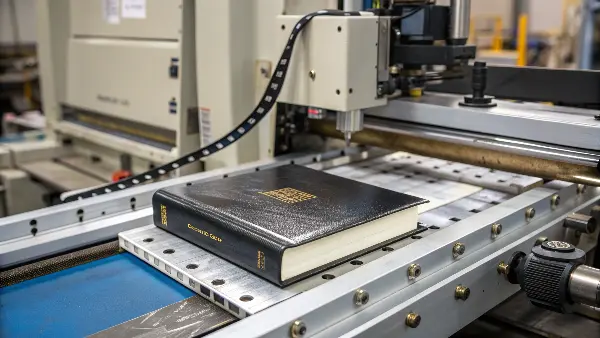 A factory machine with a die-cutter poised over a stack of Bible pages.