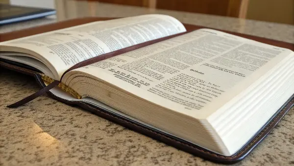 An open Bible showing the Smyth-sewn signatures and the flexible spine arching away from the cover.
