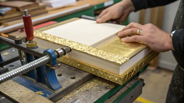 a machine applying gilt foil to a stack of book blocks