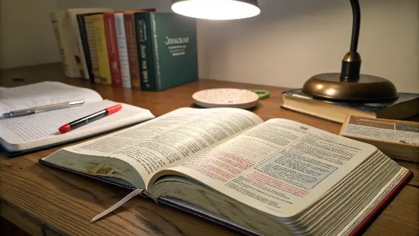 A person using a thumb-indexed Bible during a study session, quickly flipping to a new section.