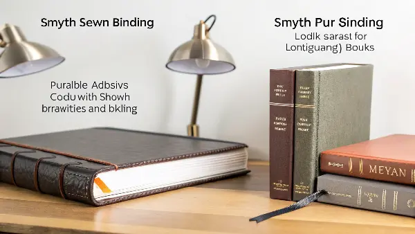 A close-up of a Smyth sewn book spine showing the thread stitches