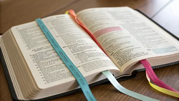 Close-up of different colored satin ribbon markers in a Bible.