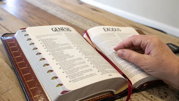 An overhead view of an open Bible, highlighting the semi-circular cuts along the page edges.