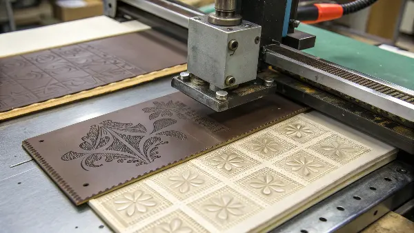 A close-up of a metal die used for debossing a book cover.