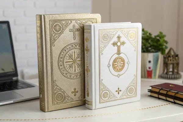 A close-up of a gold foil stamped cross on a black leather Bible cover.