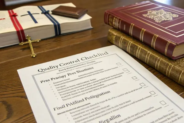 A close-up of a high-quality religious book showing detailed cover embossing.