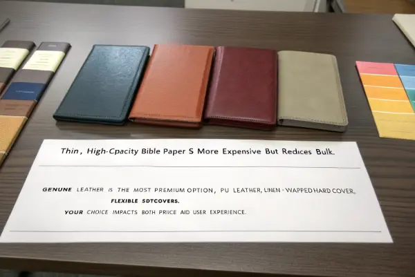 A collection of paper swatches and cover material samples like leather and linen.