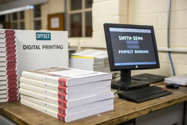 An industrial offset printing press in action, with large rolls of paper.