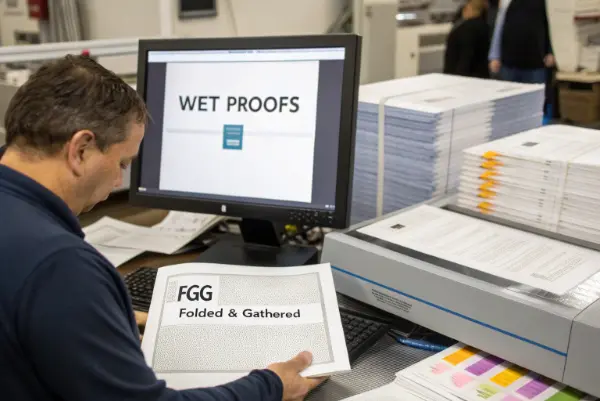 A person using a magnifying glass to inspect a printed proof sheet.