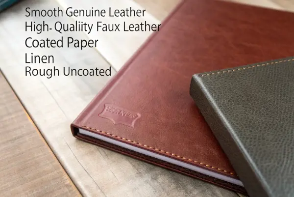 A side-by-side comparison of foil stamping on smooth faux leather versus textured linen fabric.