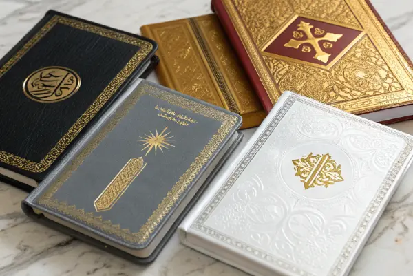 A palette of different foil color samples, including gold, silver, copper, and matte white.